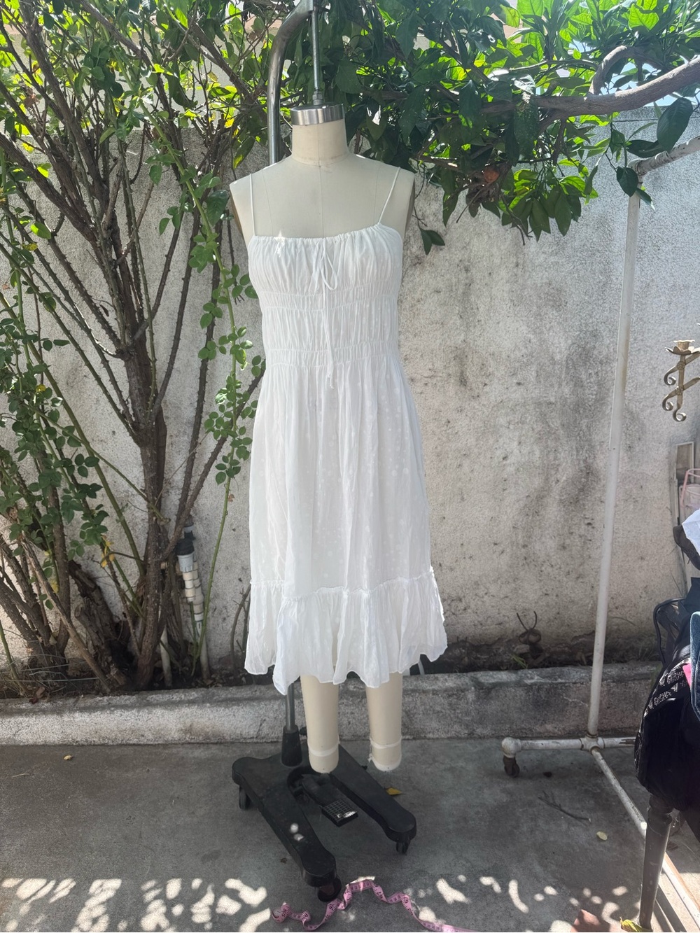 Zara White Smocked Midi Sundress with Ruffle Hem